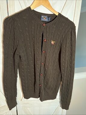 Vintage American Living Cable-Knit Crewneck Cardigan - Dark Brown